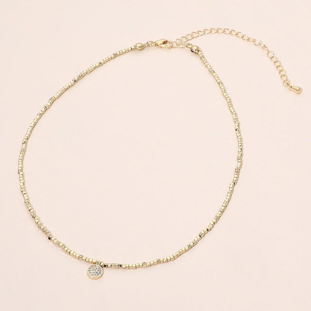 Madeline Love Clear, Gold Dainty CZ Pave Disc Pendant Beaded Choker Necklace