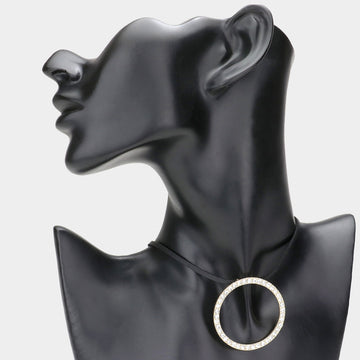 Madeline Love Gold Rhinestone Paved Open Circle Pendant Faux Leather Choker Necklace - Necklaces