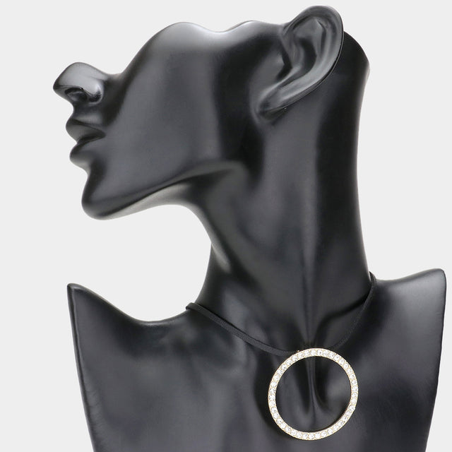 Madeline Love Gold Rhinestone Paved Open Circle Pendant Faux Leather Choker Necklace - Necklaces