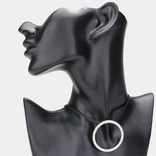 Rhinestone Paved Open Circle Pendant Faux Leather Choker Necklace - Rhodium