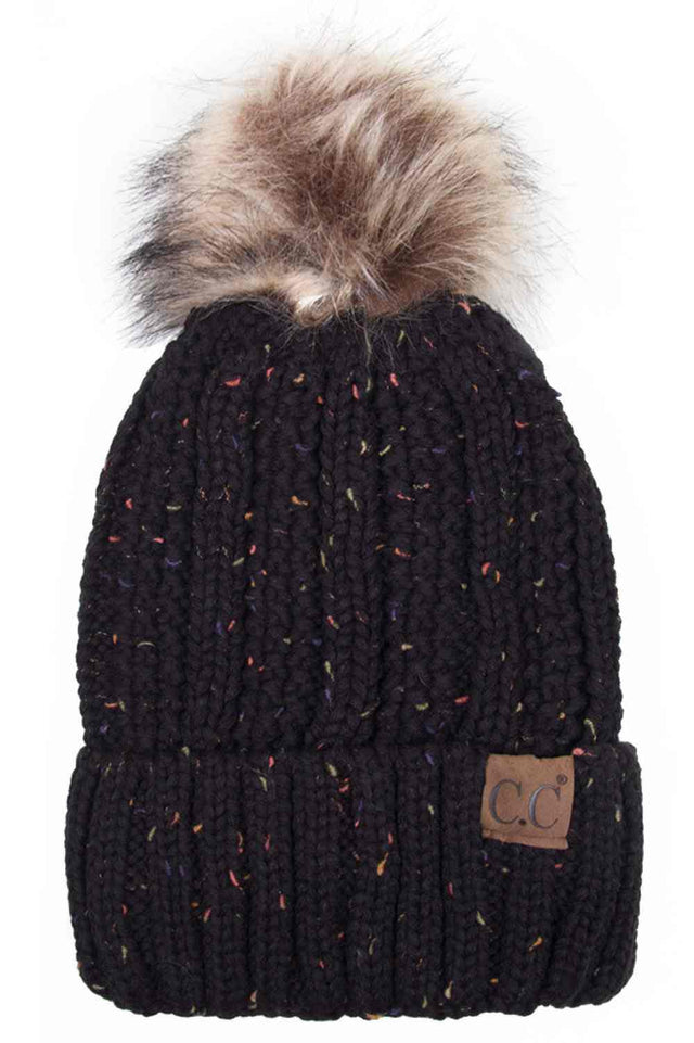 Black The C.C Fuzzy Fleece Lining Knit Beanie with Pom combines a soft knit exterior with a cozy fleece lining for extra warmth and comfort on chilly days. Finished with a fluffy pom-pom on top, it adds a cute and stylish touch to your winter wardrobe.