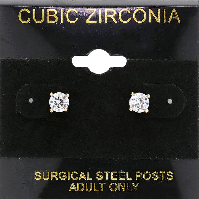 Clear, Gold 5mm Round CZ Stud Earrings