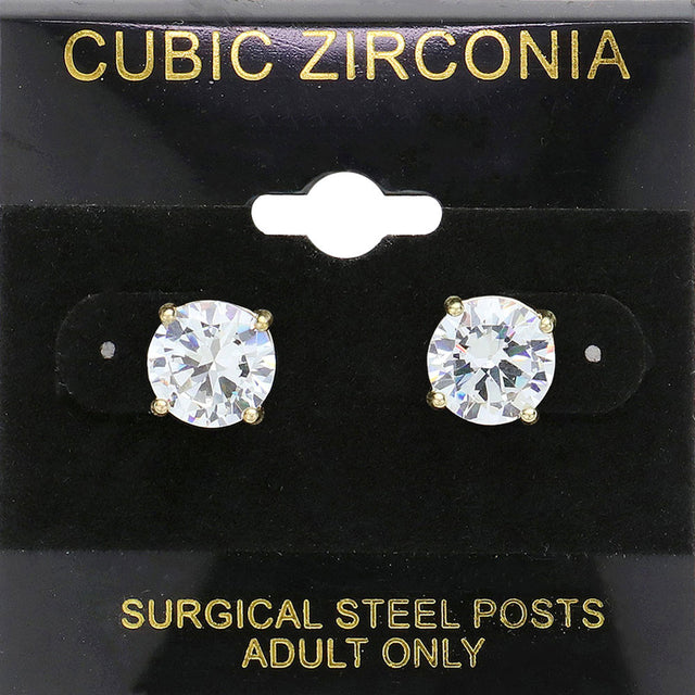 Clear, Gold 9mm Round CZ Stud Earrings