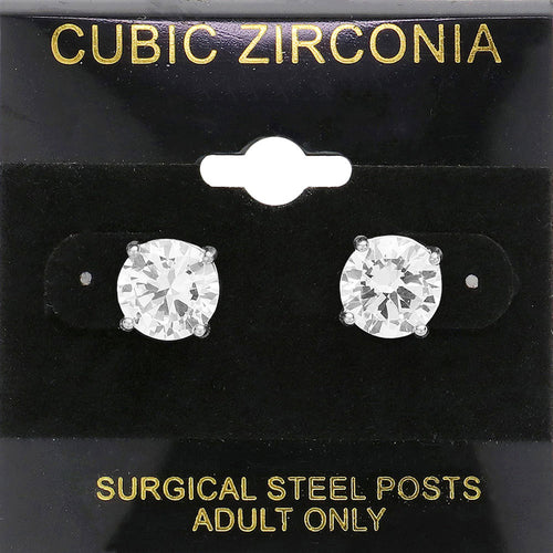 9mm Round CZ Stud Earrings - Clear, Silver