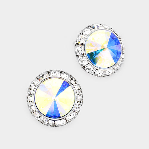 Women's Rivoli Cut Genuine Crystal Round Stud Earrings - AB
