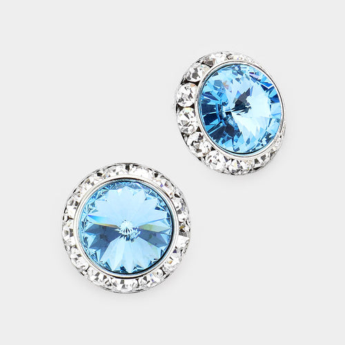 Women's Rivoli Cut Genuine Crystal Round Stud Earrings - Aqua