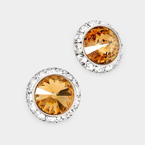 Women's Rivoli Cut Genuine Crystal Round Stud Earrings - Lt Col Topaz