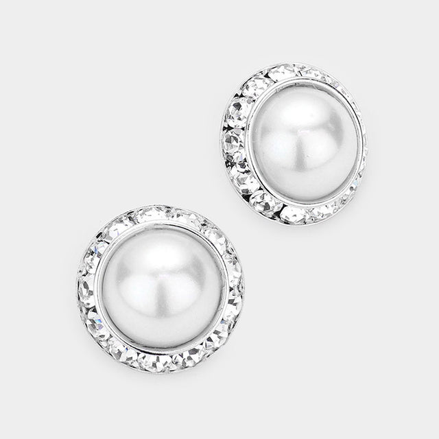 Madeline Love White Rivoli Cut Genuine Crystal Pearl Round Stud Earrings