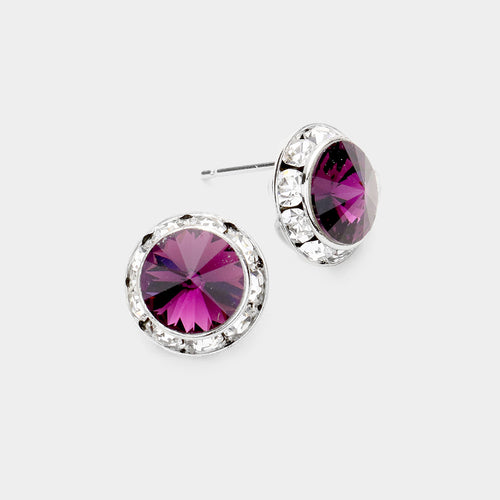 Women's Rivoli Cut Genuine Crystal Round Stud Earrings - Amethyst