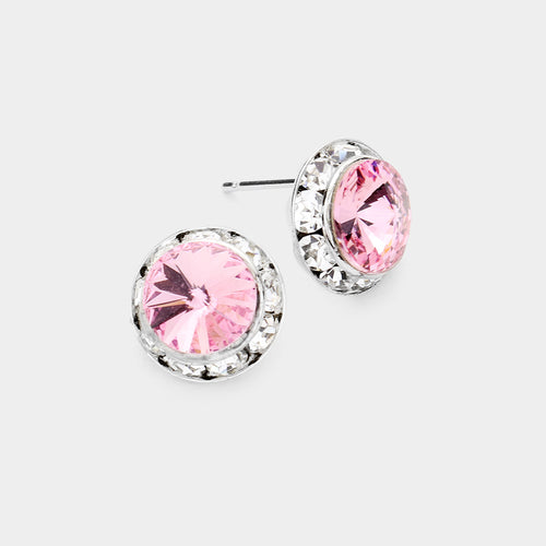 Women's Rivoli Cut Genuine Crystal Round Stud Earrings - Light, Pink