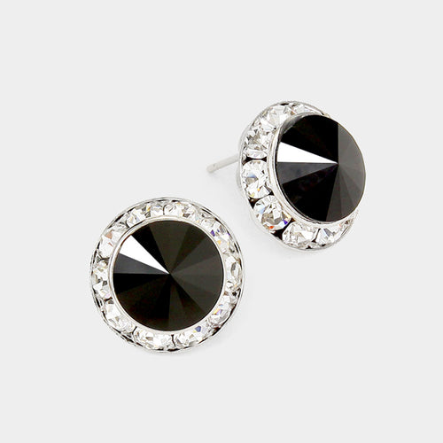 Women's Rivoli Cut Genuine Crystal Round Stud Earrings - Jet Black