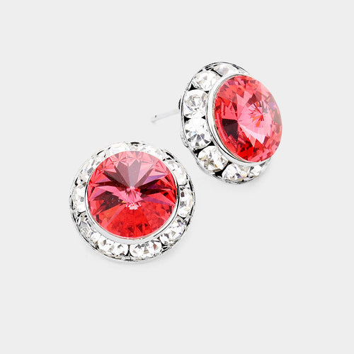 Women's Rivoli Cut Genuine Crystal Round Stud Earrings - Dark, Pink