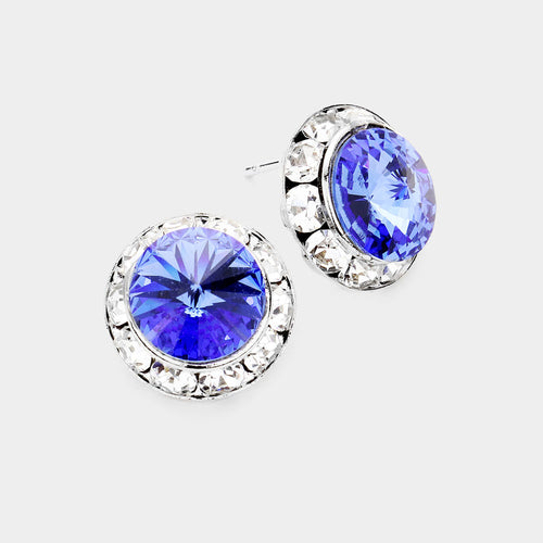 Women's Rivoli Cut Genuine Crystal Round Stud Earrings - Sapphire