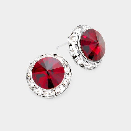 Women's Rivoli Cut Genuine Crystal Round Stud Earrings - Siam