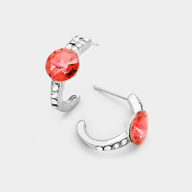 Pink, Silver Round Cut Genuine Crystal Half Hoop Earrings