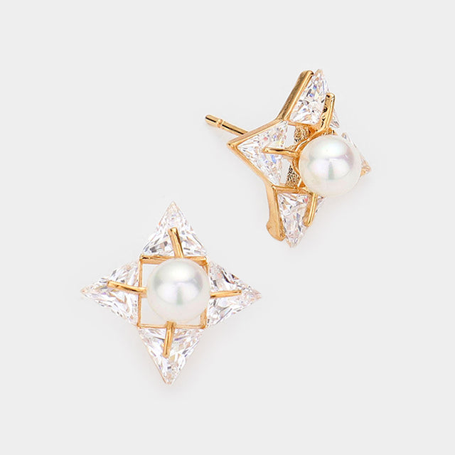Gold Crystal  cubic zirconia CZ pearl art deco earrings