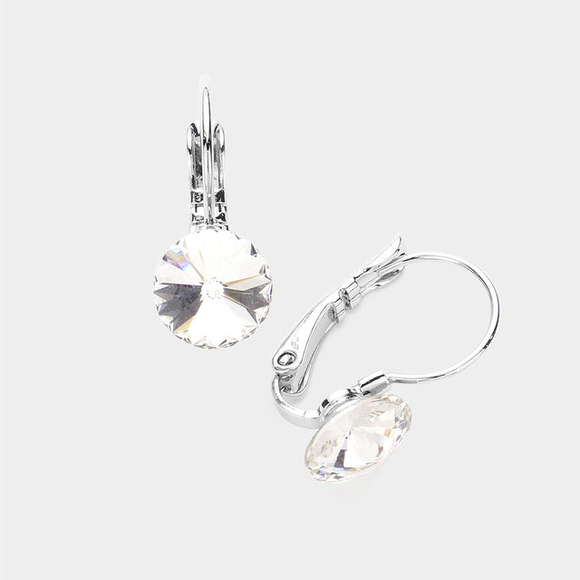 Clear, Silver Genuine Round Crystal Lever Back Earrings