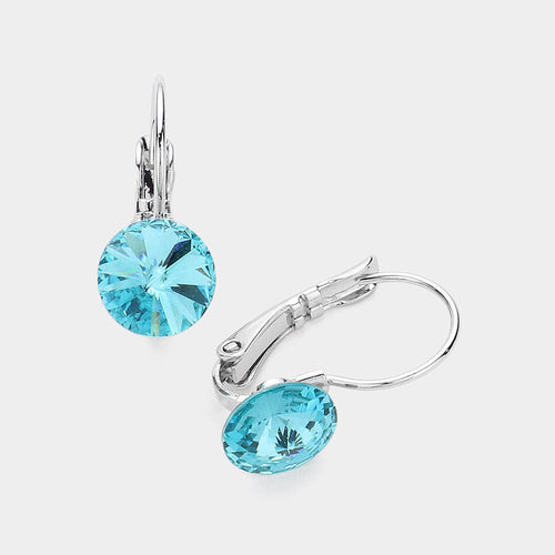 Women's Genuine Round Crystal Lever Back Earrings - Turquoise