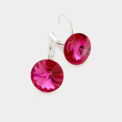Women's Genuine Round Crystal Lever Back Earrings - Fuchsia