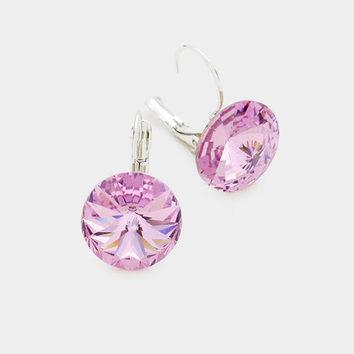 Women's Genuine Round Crystal Lever Back Earrings - Amethyst , Light