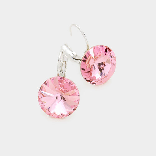 Women's Genuine Round Crystal Lever Back Earrings - Lt Rose