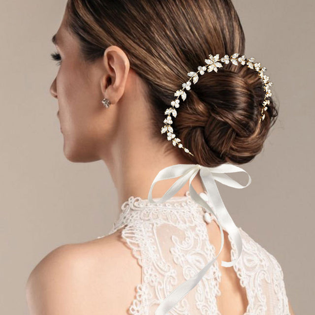 Madeline Love Clear, Gold CZ Flower Stone Cluster Accent Vine Bun Wrap Headpiece - Hair Accessories