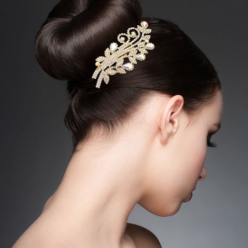 Teardrop Stone Cluster Rhinestone Paved Branch Hair Comb - AB, Gold