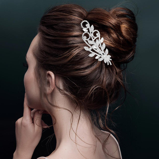 Madeline Love Clear, Silver Rhinestone Paved Leaf Floral Hair Comb - Hair Accessories