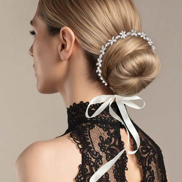 Madeline Love Clear, Silver CZ Stone Pave Floral Vine Bun Wrap Headpiece - Hair Accessories