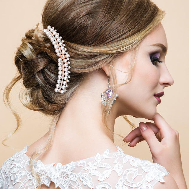 Madeline Love Rose Gold Floral Pearl Stone Embellished Hair Comb - Hair Accessories