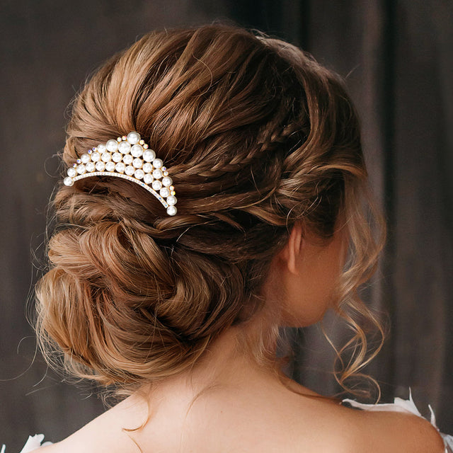 Madeline Love AB, Gold Pearl Cluster Embellished Hair Comb - Hair Accessories