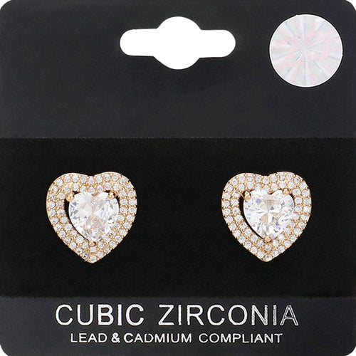 CZ Stone Heart Stud Earrings - Gold