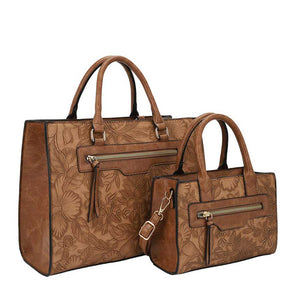 Camel 2 In 1 Faux Leather Flower Detailed Tote Shoulder Bag set, Crafted from high-quality faux leather, the tote bags feature an outside zipper pocket and come with a convenient shoulder strap for easy carrying. With its sleek design and versatile use, perfect way to add a touch of sophistication to any outfit.