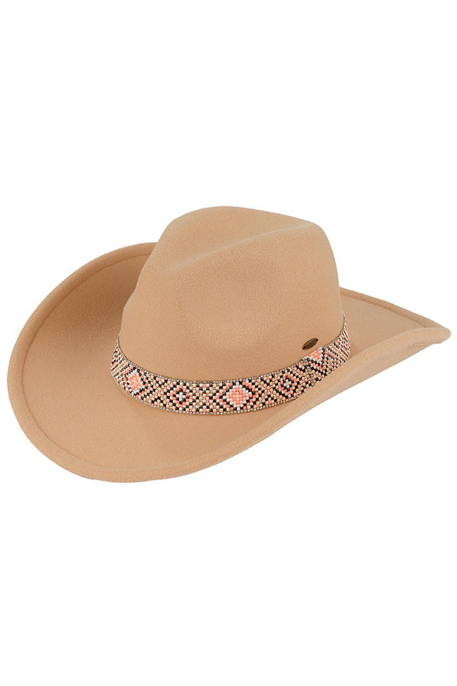 C.C Aztec Beads Trim Vegan Cowboy Hat - Camel - Cowboy Hats