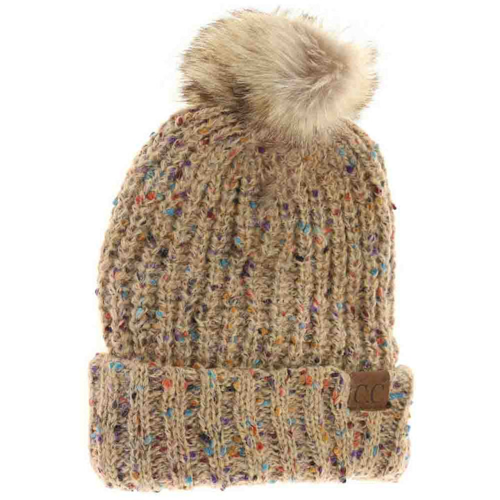 Camel Confetti Mohair Ribbed Fur Pom C.C Beanie combines cozy warmth with stylish texture. Crafted with a soft mohair blend, its ribbed design offers a comfortable, snug fit that retains heat. Topped with a luxurious fur pom, this beanie adds a sophisticated touch to any cold-weather outfit while ensuring superior comfort and durability. Ideal for both casual and refined winter wear.
