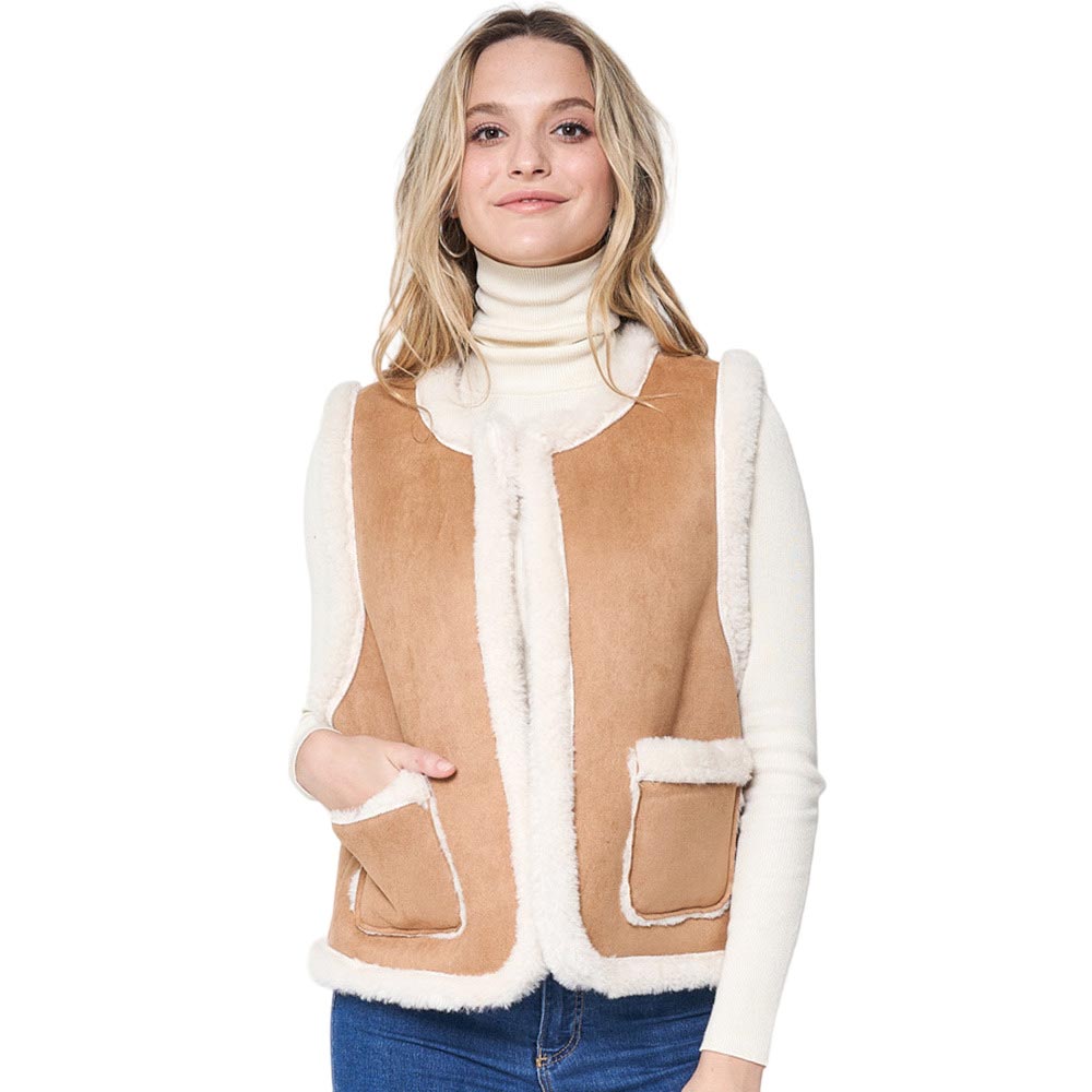 Camel Faux Suede Sherpa Vest, Stay warm in style with this fashionable vest. Thanks to the Sherpa lining, you can stay warm and cozy no matter the weather. The fashionable design features an outer shell of faux suede and a classic collar. Perfect for those who want to chill out in the winter evenings. 