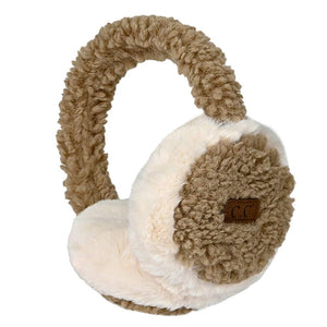 Camel Ivory C.C Faux Fur Sherpa Earmuffs. Stay warm and stylish with these. Crafted with quality faux fur and Sherpa on the inside for ultimate comfort, these earmuffs provide superior insulation and protection from the cold. Their classic and timeless design allows them to easily match with any outfit.