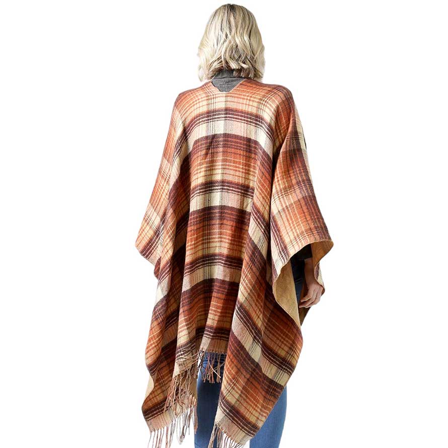 Camel Reversible Plaid Check Patterned Tassel Cape Poncho, with the latest trend in ladies' outfit cover-up! the high-quality knit poncho is soft, comfortable, and warm but lightweight. It's perfect for your daily, casual, evening, vacation, and other special events outfits. A fantastic gift for your friends or family.