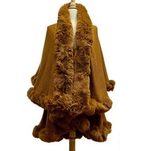 Elegant 2 Row Camel Faux Fur Trim Knit Poncho, Beige Faux Fur Trim Knit Ruana Cape, the perfect accessory, luxurious, trendy, super soft chic vest cape, keeps you warm & toasty. You can throw it on over so many pieces elevating any casual outfit! Perfect Gift for Wife, Mom, Birthday, Holiday, Christmas, Anniversary, Fun Night Out
