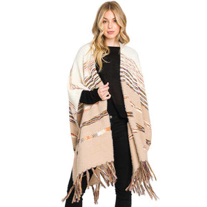 Camel Striped Tassel Fringe Ruana Poncho, with the latest trend in ladies' outfit cover-up! the high-quality tassel fringe ruana poncho is soft, comfortable, and warm but lightweight. It's perfect for your daily, casual, party, vacation, and other special events outfits. A fantastic gift for your friends or family.