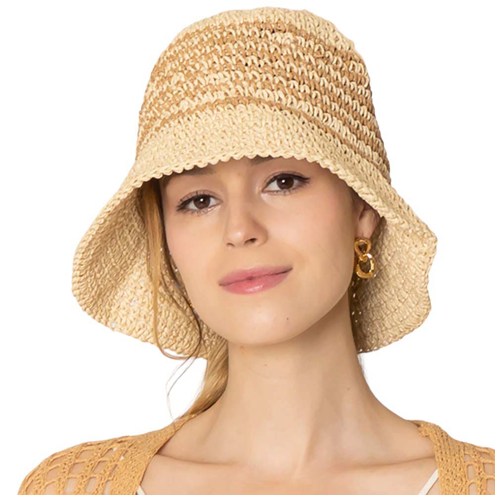 Camel Two-Tone Stripe Straw Bucket Hat, Stay cool and stylish with the stylish summer hat. This quirky hat features a unique two-tone stripe design that adds a touch of fun to any outfit. Keep the sun out of your eyes while adding a playful flair to your look. Perfect for a day at the beach or a casual outing.