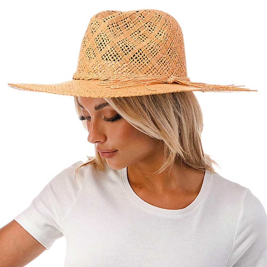 Camel Woven Straw Panama Hat, Expertly crafted using high-quality straw, this Panama hat is the perfect accessory for any summer outfit. The woven design provides breathability and the classic Panama style adds a touch of elegance. Protect yourself from the sun in style. Perfect summer gift for fashion loving individuals.