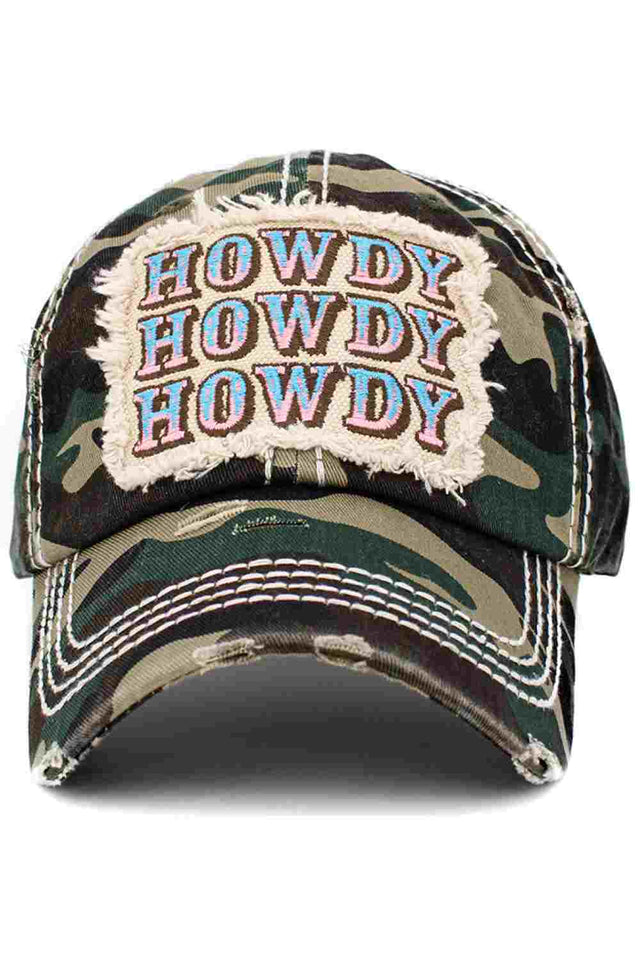Camo Add a touch of western charm to your everyday look with the Howdy vintage baseball cap, featuring a classic distressed finish and bold embroidered design. Comfortable and adjustable for all-day wear, this laid-back cap is perfect for casual outings, road trips, or weekend adventures.