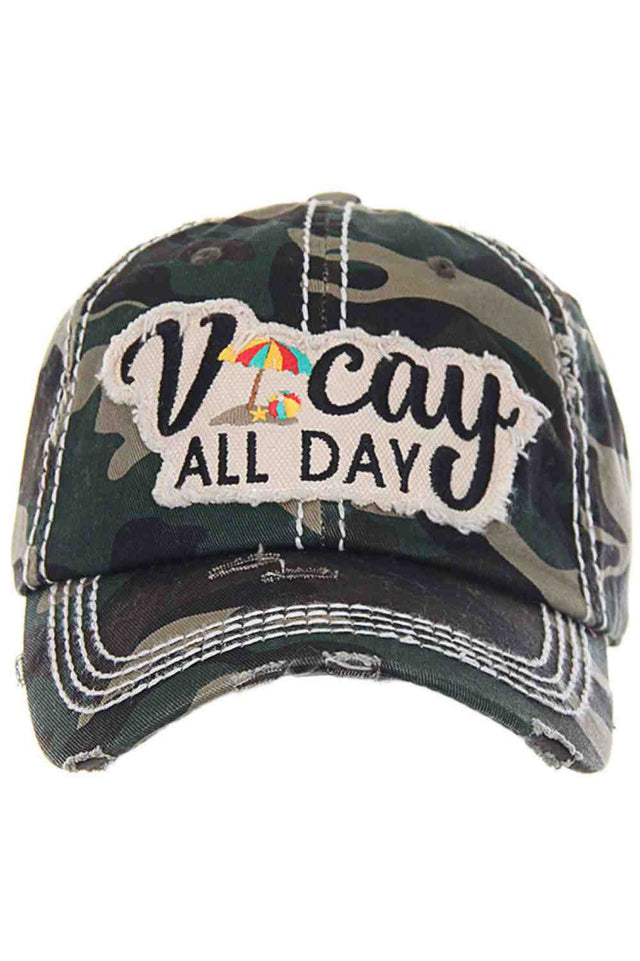 Camo Relaxed and ready for sunshine, the VACAY ALL DAY Washed Vintage Baseball Cap features a soft, distressed finish for an effortlessly cool, lived-in look. Perfect for beach days, road trips, or everyday wear, it adds laid-back vacation vibes to any outfit.