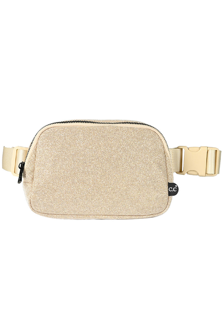 Champagne C.C Glitter Tiny Mesh Fanny Pack offers a stylish and functional solution for carrying your essentials. The glitter mesh adds a touch of sparkle, while the compact size makes it easy to carry on-the-go. Stay organized and on-trend with this versatile fanny pack.