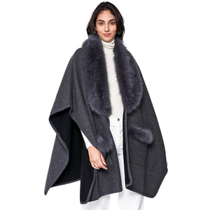 Charcoal Faux Fur Trimmed Front Pockets Ruana Poncho, Elevate your winter style. Crafted with faux fur accents and featuring convenient front pockets, it adds warmth, texture, and a touch of elegance to any outfit. Awesome gift choice for your family members, friends, fashion-loving young adults, colleagues, or yourself..