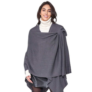 Charcoal Shoulder Strap Solid Ruana Poncho, with the latest trend in ladies outfit cover-up! the high-quality bling border solid neck poncho is soft, comfortable, and warm but lightweight. Stay protected from the chilly weather while taking your elegant looks to a whole new level with an eye-catching, luxurious outfit women!