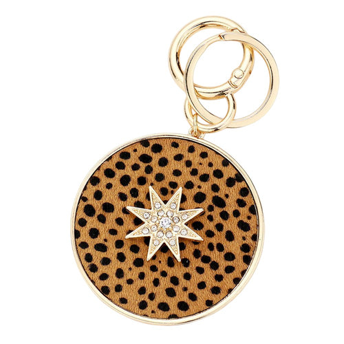 Dije redondo para bolso de piel de becerro auténtica con estampado de guepardo - Black Gold