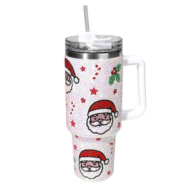 Add sparkle to your season with this 40oz tumbler featuring rhinestone Santa faces, stars, and holiday accents. Comes with a handle and straw for festive sipping on the go. Great for gifting or enjoying drinks in holiday style.