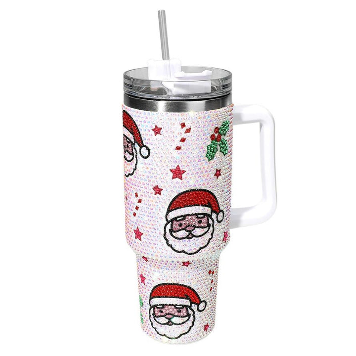 Add sparkle to your season with this 40oz tumbler featuring rhinestone Santa faces, stars, and holiday accents. Comes with a handle and straw for festive sipping on the go. Great for gifting or enjoying drinks in holiday style.